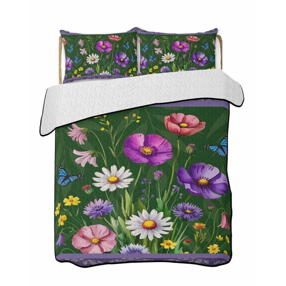 Full Size Quilt Bedding Set, Spring Flowers Reversible Summer Quilt 3 Pieces, Boho Botanical Budding Garden Florals Lightweight Bedspreads Coverlets with 2 Pillow Shams for All Seasons