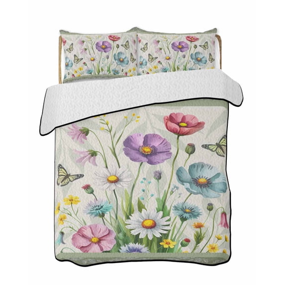 Full Size Quilt Bedding Set, Spring Flowers Reversible Summer Quilt 3 Pieces, Retro Boho Botanical Florals Butterfly Lightweight Bedspreads Coverlets with 2 Pillow Shams for All Seasons
