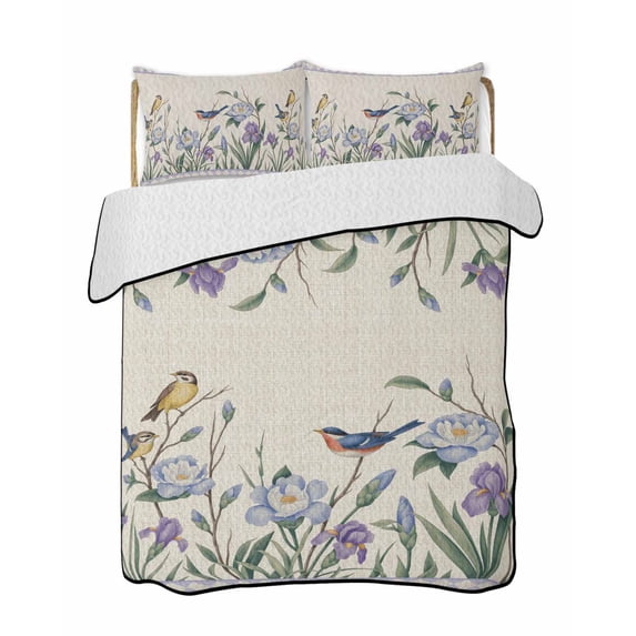 Full Size Quilt Bedding Set, Spring Flowers Reversible Summer Quilt 3 Pieces, Vintage Floral Leaves Birds Farmhouse Plaid Lightweight Bedspreads Coverlets with 2 Pillow Shams for All Seasons