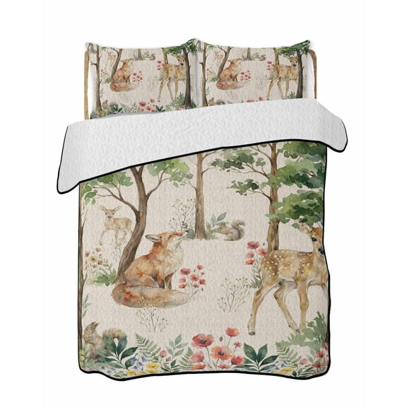 Full Size Quilt Bedding Set, Spring Forest Animals Reversible Summer Quilt 3 Pieces, Floral Botanical Trees Linen Lightweight Bedspreads Coverlets with 2 Pillow Shams for All Seasons