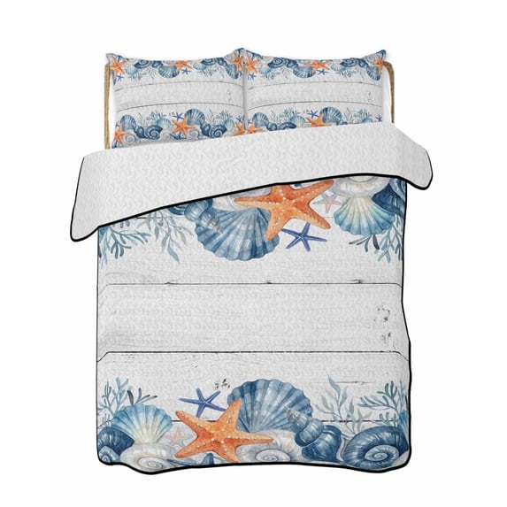 Full Size Quilt Bedding Set, Summer Coastal Reversible Summer Quilt 3 Pieces, Sea Ocean Starfish Shells Coral Conch Wood Gray Lightweight Bedspreads Coverlets with 2 Pillow Shams for All Seasons