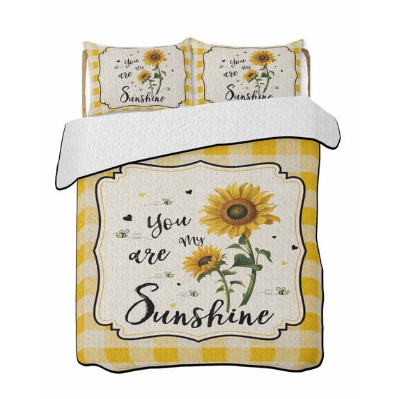 Full Size Quilt Bedding Set, Sunflowers Reversible Summer Quilt 3 Pieces, Yellow Floral Watercolor Botanical Checkered Rustic Lightweight Bedspreads Coverlets with 2 Pillow Shams for All Seasons