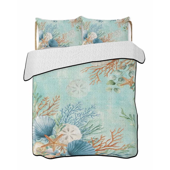 Full Size Quilt Bedding Set, Teal Beach Coastal Reversible Summer Quilt 3 Pieces, Summer Nautical Coral Shell Botanical Lightweight Bedspreads Coverlets with 2 Pillow Shams for All Seasons