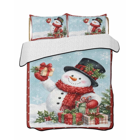 Full Size Quilt Bedding Set, Teal Christmas Reversible Summer Quilt 3 Pieces, Xmas Tree Snowman Snowflake Berry Gifts Red Lightweight Bedspreads Coverlets with 2 Pillow Shams for All Seasons