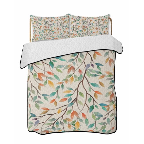 Full Size Quilt Bedding Set, Teal Orange Eucalyptus Reversible Summer Quilt 3 Pieces, Spring Botanical Leaves Lightweight Bedspreads Coverlets with 2 Pillow Shams for All Seasons