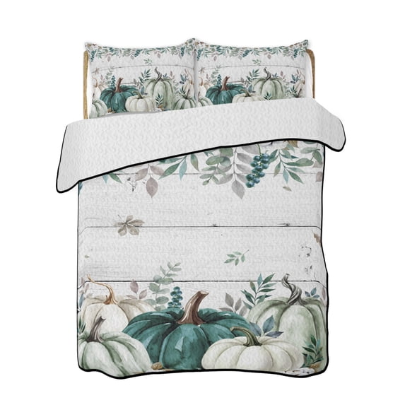 Full Size Quilt Bedding Set, Teal Pumpkins Fall Reversible Summer Quilt 3 Pieces, Botanical Thanksgiving Grey Wood Grain Lightweight Bedspreads Coverlets with 2 Pillow Shams for All Seasons
