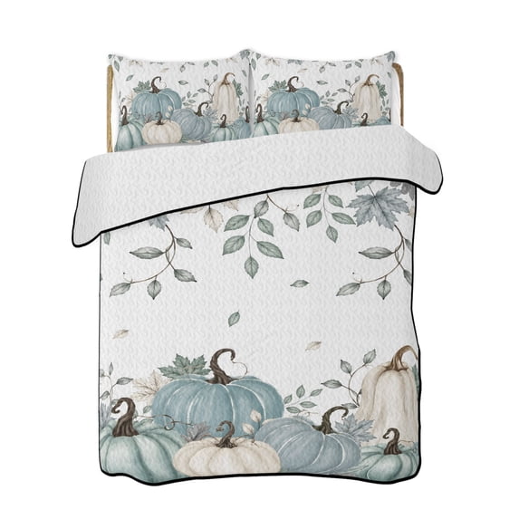 Full Size Quilt Bedding Set, Teal Pumpkins Fall Reversible Summer Quilt 3 Pieces, Thanksgiving Autumn Leaves Botanical Lightweight Bedspreads Coverlets with 2 Pillow Shams for All Seasons