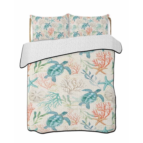 Full Size Quilt Bedding Set, Teal Red Coastal Reversible Summer Quilt 3 Pieces, Retro Beach Nautical Sea Turtle Coral Lightweight Bedspreads Coverlets with 2 Pillow Shams for All Seasons
