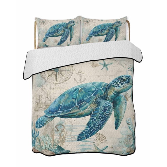 Full Size Quilt Bedding Set, Teal Sea Turtle Coastal Reversible Summer Quilt 3 Pieces, Vintage Summer Beach Nautical Lightweight Bedspreads Coverlets with 2 Pillow Shams for All Seasons
