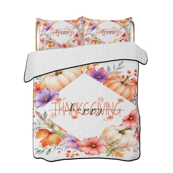 Full Size Quilt Bedding Set, Thanksgiving Fall Reversible Summer Quilt 3 Pieces, Pumpkins Autumn Leaves Floral Botanical Lightweight Bedspreads Coverlets with 2 Pillow Shams for All Seasons