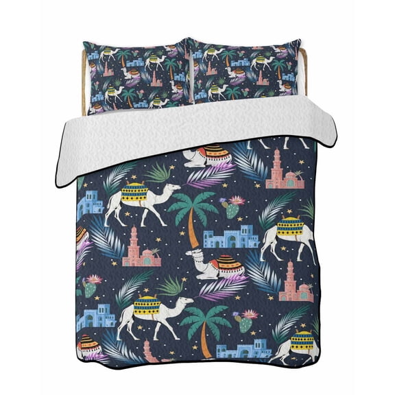 Full Size Quilt Bedding Set, Tropical Palm Trees Reversible Summer Quilt 3 Pieces, Desert Camels Houses Aloe Vera Black Lightweight Bedspreads Coverlets with 2 Pillow Shams for All Seasons
