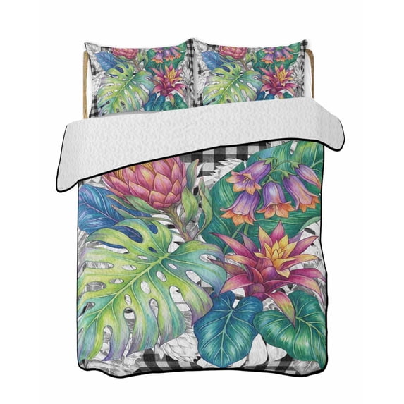 Full Size Quilt Bedding Set, Tropical Plant Reversible Summer Quilt 3 Pieces, Summer Watercolor Botanical Palm Leaf Plaid Lightweight Bedspreads Coverlets with 2 Pillow Shams for All Seasons