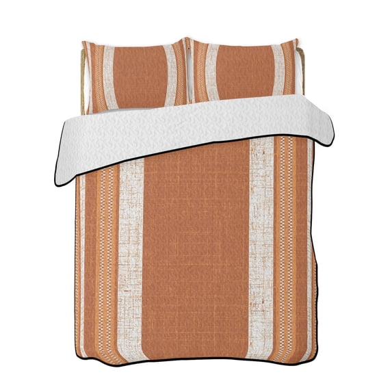 Full Size Quilt Bedding Set, Vintage Burnt Orange Striped Reversible Summer Quilt 3 Pieces, Farmhouse Modern Stripes Boho Lightweight Bedspreads Coverlets with 2 Pillow Shams for All Seasons