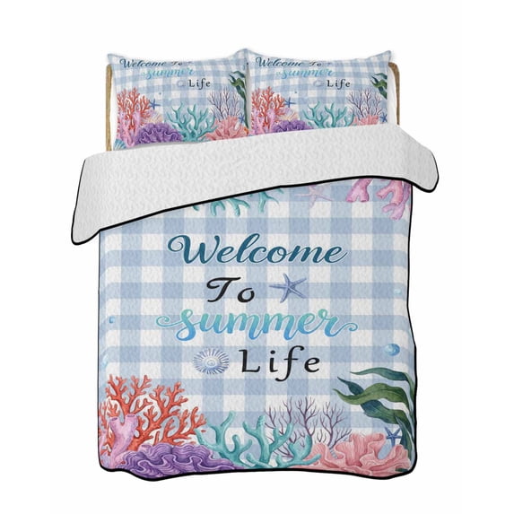 Full Size Quilt Bedding Set, Watercolor Coral Reversible Summer Quilt 3 Pieces, Summer Ocean Marine Seaweed Shell Blue Plaid Lightweight Bedspreads Coverlets with 2 Pillow Shams for All Seasons