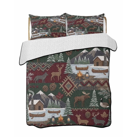 Full Size Quilt Bedding Set, Western Boho Reversible Summer Quilt 3 Pieces, Farmhouse Country Rustic Chic Wild Nature Cabin Deer Lightweight Bedspreads Coverlets with 2 Pillow Shams for All Seasons