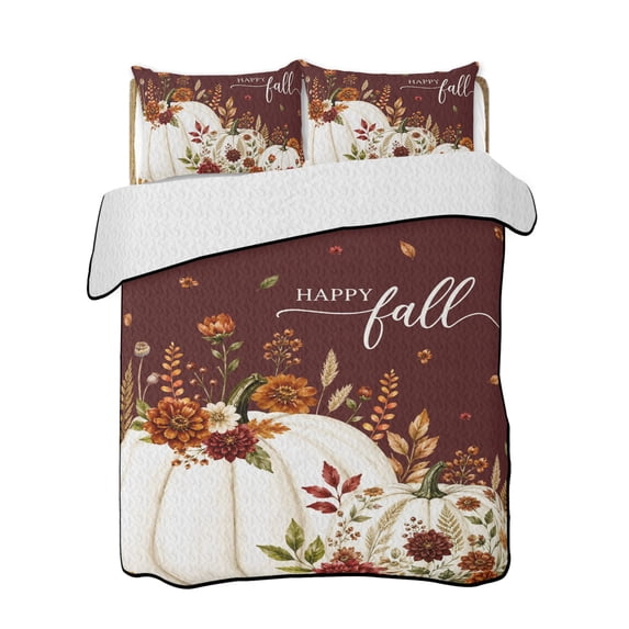 Full Size Quilt Bedding Set, White Pumpkins Fall Reversible Summer Quilt 3 Pieces, Thanksgiving Floral Botanical Brown Lightweight Bedspreads Coverlets with 2 Pillow Shams for All Seasons