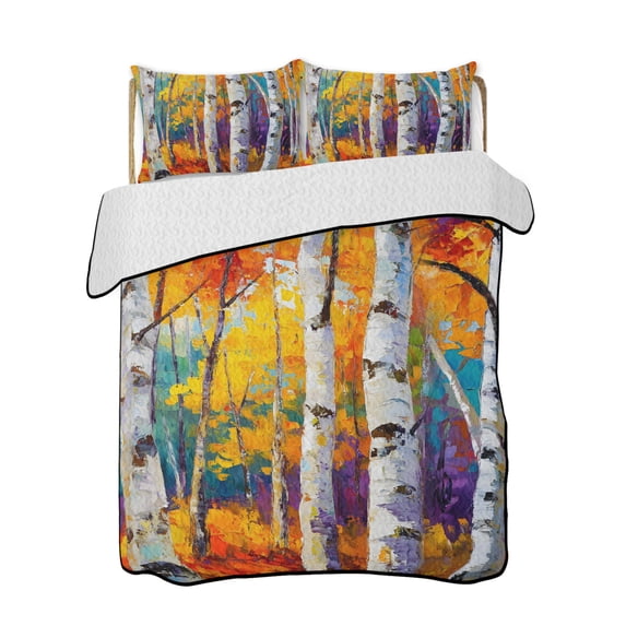 Full Size Quilt Bedding Set, Yellow Grey Forest Reversible Summer Quilt 3 Pieces, Botanical Modern Art Lightweight Bedspreads Coverlets with 2 Pillow Shams for All Seasons