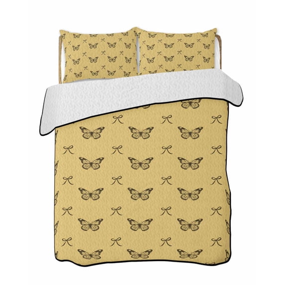 Full Size Quilt Bedding Set, Yellow Spring Butterfly Reversible Summer Quilt 3 Pieces, Black Bow Knot Lightweight Bedspreads Coverlets with 2 Pillow Shams for All Seasons