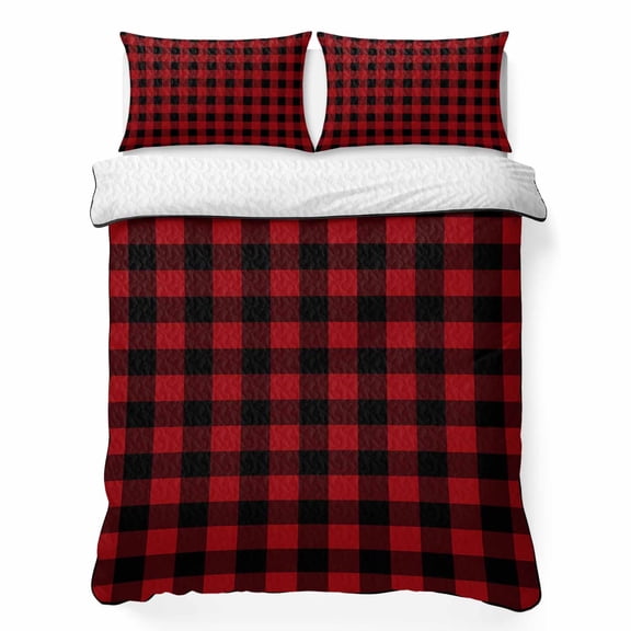 Full Size Quilt - Soft Microfiber Summer Quilt with 2 Pillow Shams, Rustic Checkered Lightweight Breathable Bedding Comforter Sets, Black Red Buffalo Plaid Quilted Bedspread for All Season