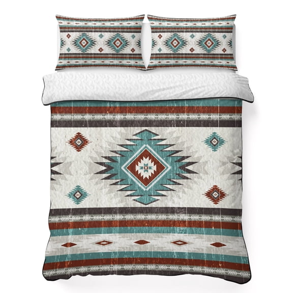 Full Size Quilt - Soft Microfiber Summer Quilt with 2 Pillow Shams, Turquoise Red Boho Lightweight Breathable Bedding Comforter Sets, Southwestern Ethnic Aztec Retro Geometric Quilted Bedspread