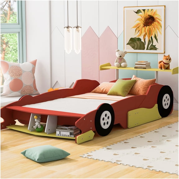 Full Size Race Car Bed Frame with Wheels, Red Low Profile Wood Platform Bed for Modern Bedrooms
