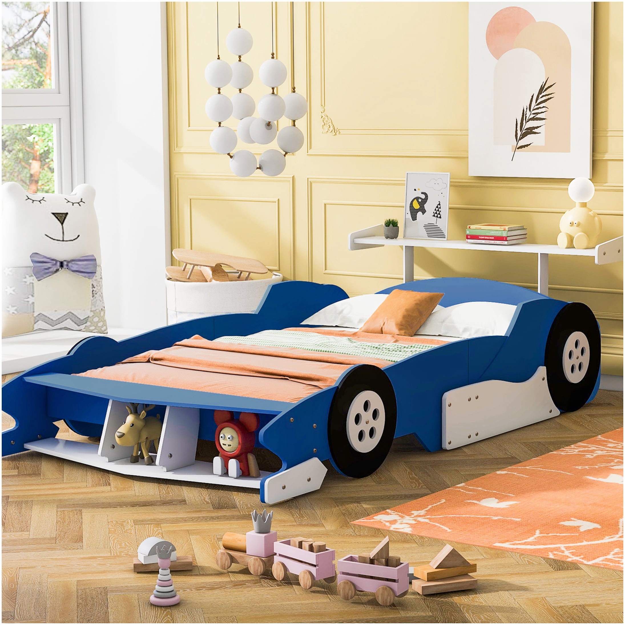 Full Size Race Car Bed with Wheels, Low Profile Platform Frame, Blue Finish, Easy Assembly
