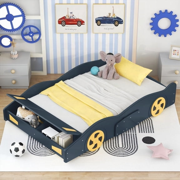 Full Size Race Car Platform Bed with Wheels, Storage & Dark Blue+Yellow Color