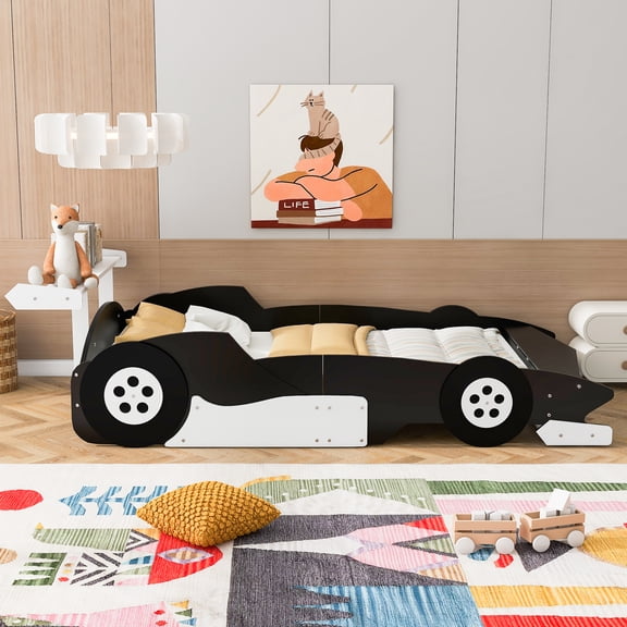 Full Size Race Car-Shaped Platform Bed with Wheels, Unique Race Car Design with Side Rails, Sturdy Plywood Construction, No Box Spring Needed, for Bedroom, Black