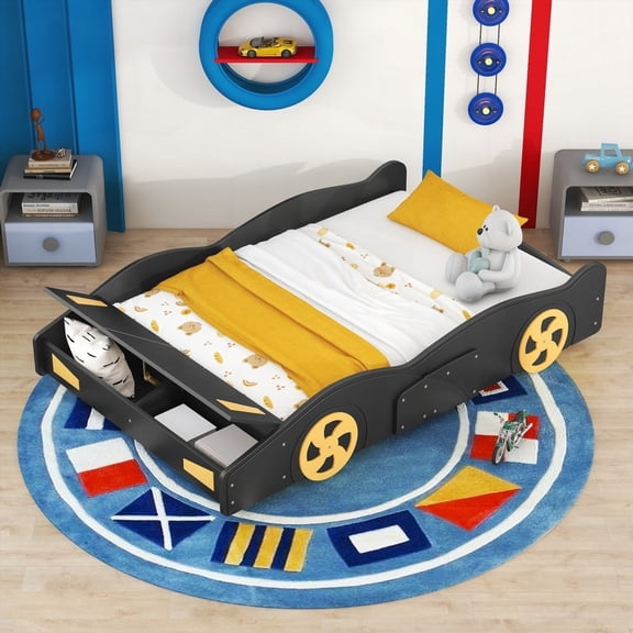 Black+Yellow Full Size Race Car Platform Bed Having Wheels and Storage Space