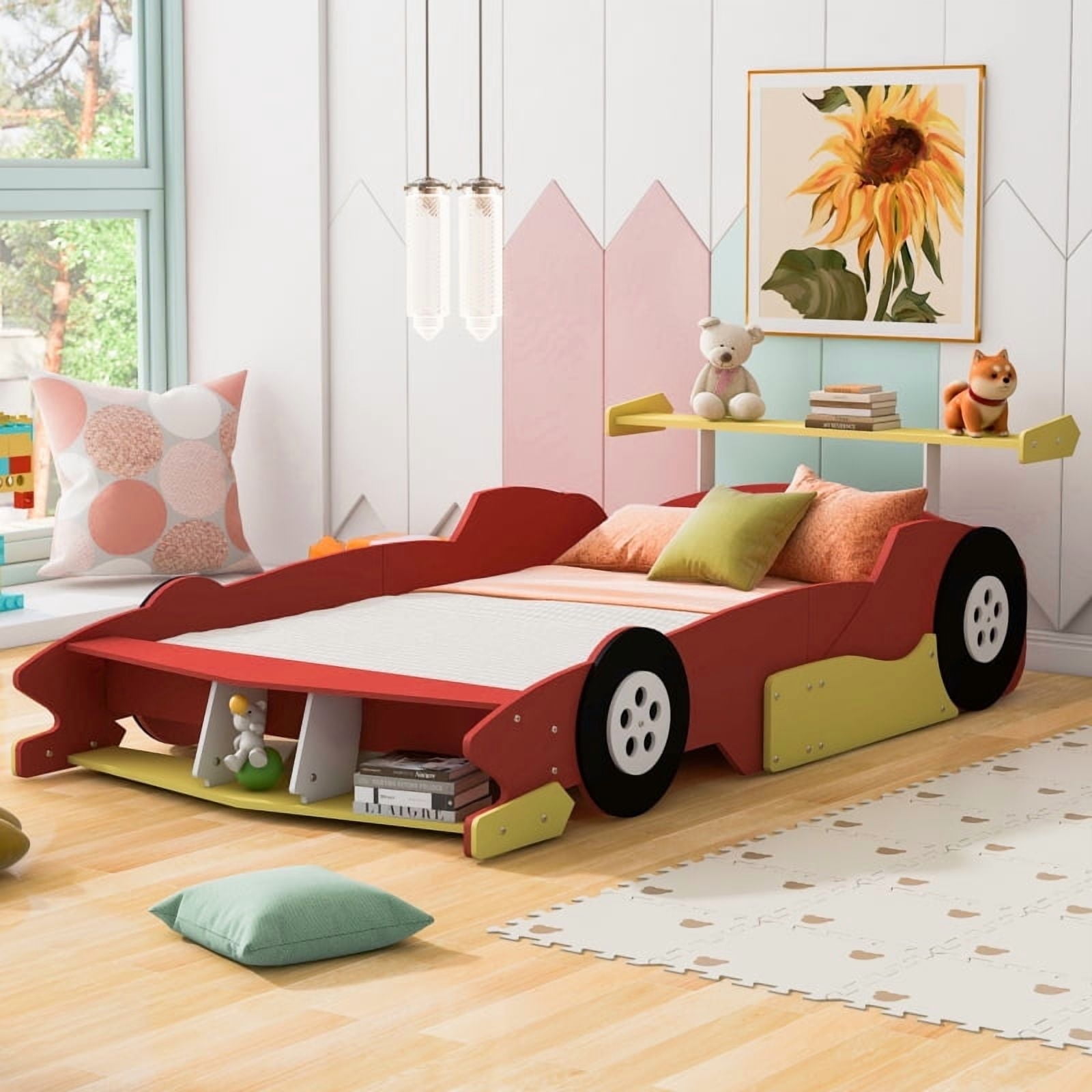 [Luckynote]Full Size Race Car-Shaped Platform Bed with Wheels,Red