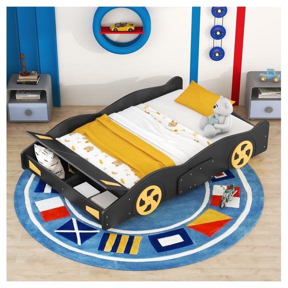 Full Size Race Car-Shaped Platform Bed with Wheels and Storage, Black+Yellow