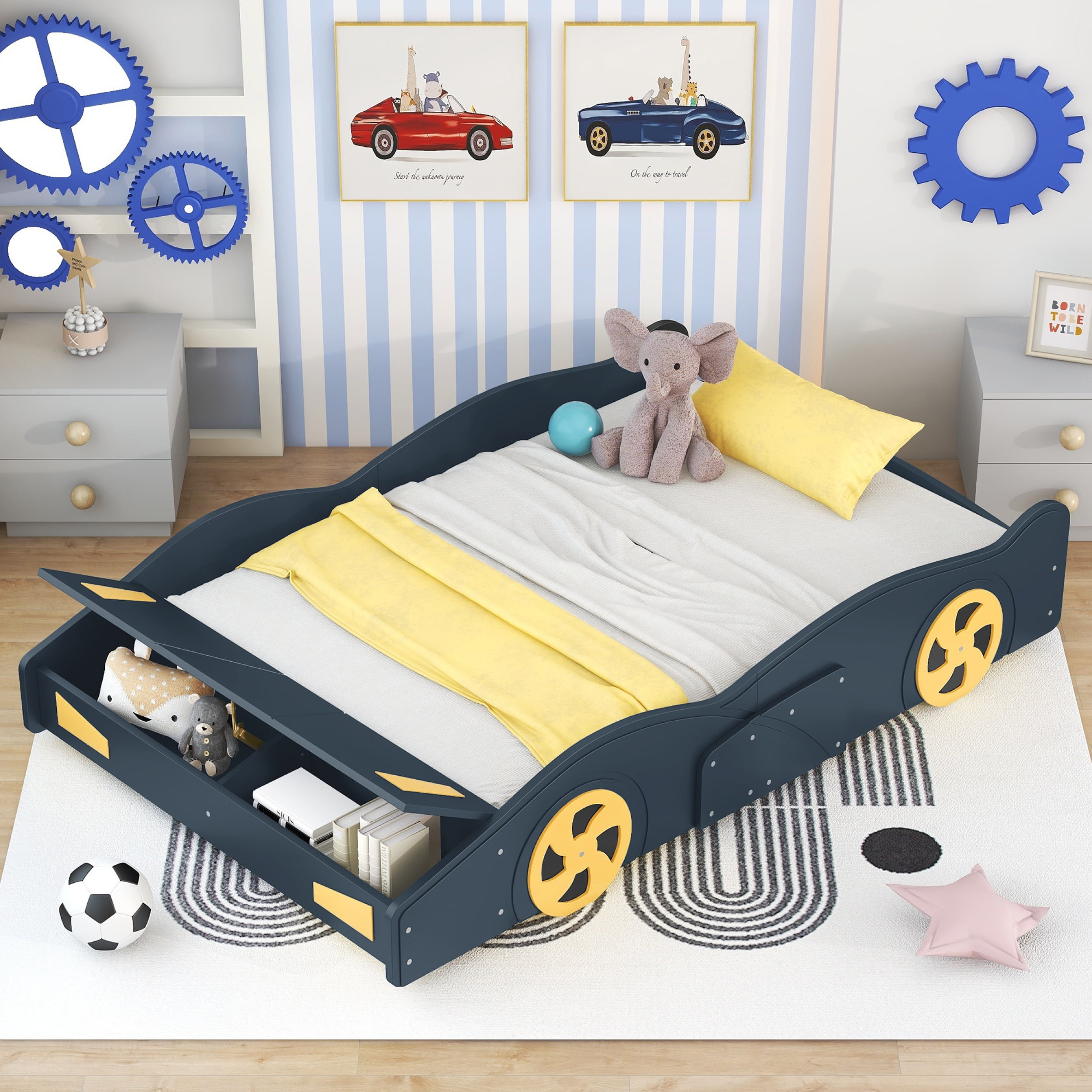 Full Size Race Car-Shaped Platform Bed with Wheels and Storage, Dark Blue&Yellow 60AAC
