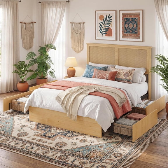 Full Size Rattan Bed Frame with 4 Storage Drawer, Boho Style Rattan Bed with LED Light & Natural Headboard, Sturdy Wooden Slats Support, No Box Spring Needed