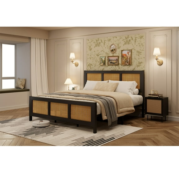 Full Size Rattan Bed Frame, Boho Cane Platform Bed Frame, Modern Style with Headboard & Strong Metal Slat, No Box Spring Needed for Bed Room, Black