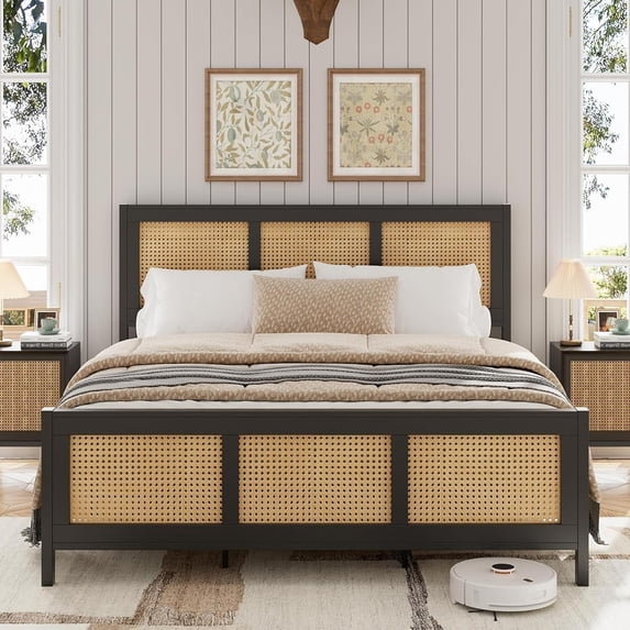 Full Size Rattan Bed Frame with Headboard, Black Boho Cane Platform Bed Frame with Strong Metal Slat, Noise Free, No Box Spring Needed