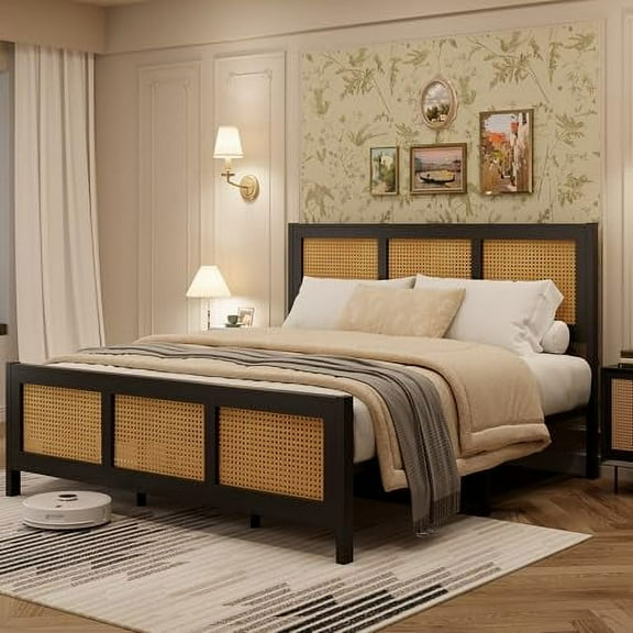 Full Size Rattan Bed Frame with Headboard, Black Boho Cane Platform Bed Frame with Strong Metal Slat, Noise Free, No Box Spring Needed