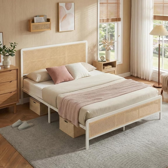 Full Size Rattan Bed Frame with Headboard, Modern Style Cane Boho Bed Frames with Heavy Duty Sturdy Steel Slat Support, No Box Spring Needed, White