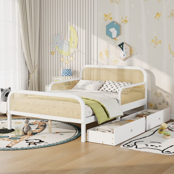 Full Size Rattan Bed with 2 Storage Drawers, White Wood Platform Bed with Rails, Boho Storage Bed, No Box Spring Needed