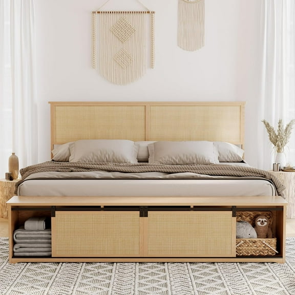 Full Size Rattan Platform Bed with Sliding Barn-Door Storage Cabinets, LED-Lit Headboard, Boho Farmhouse Wood Frame with Solid Legs, No Box Spring Needed