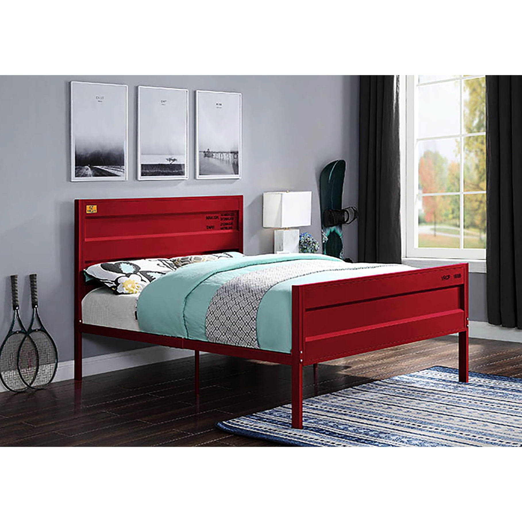 Full Size Red Bed, Industrial Inspired Design, Rectangular Headboard ...