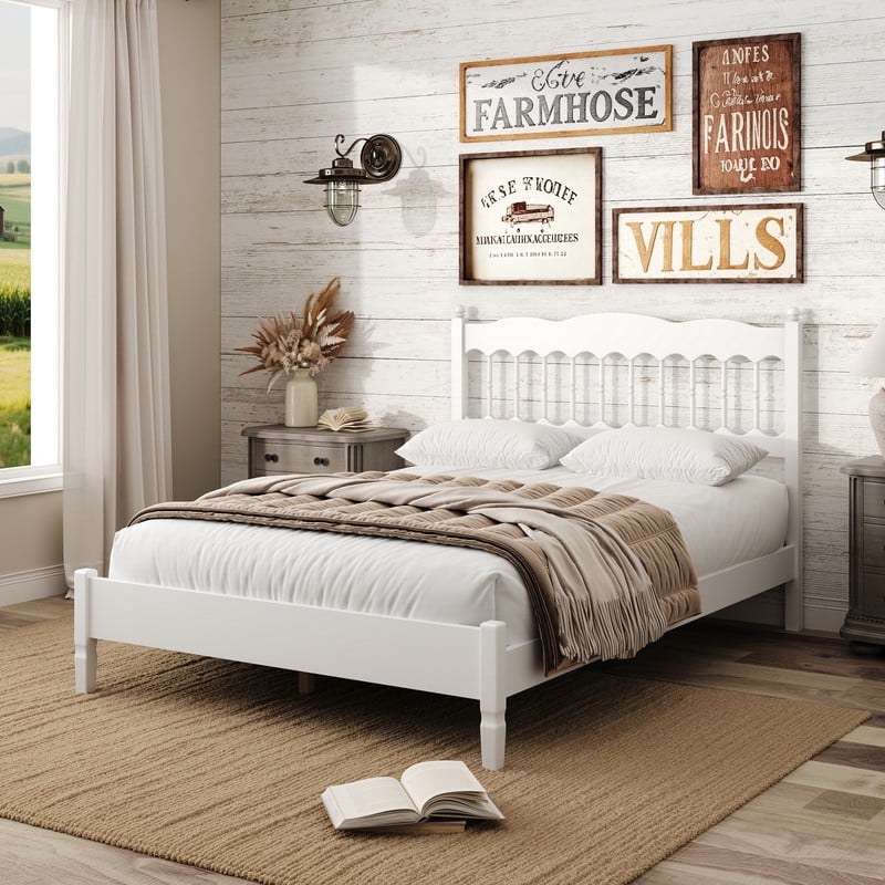 Full Size Retro Countryside Style Wooden Bed Frame with Spindle Headboard, Low Profile Platform Bed with No Box Spring Required