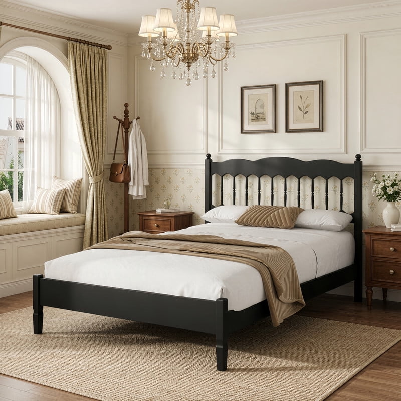 Full Size Retro Countryside Style Wooden Bed Frame with Spindle Headboard, Low Profile Platform Bed with No Box Spring Required
