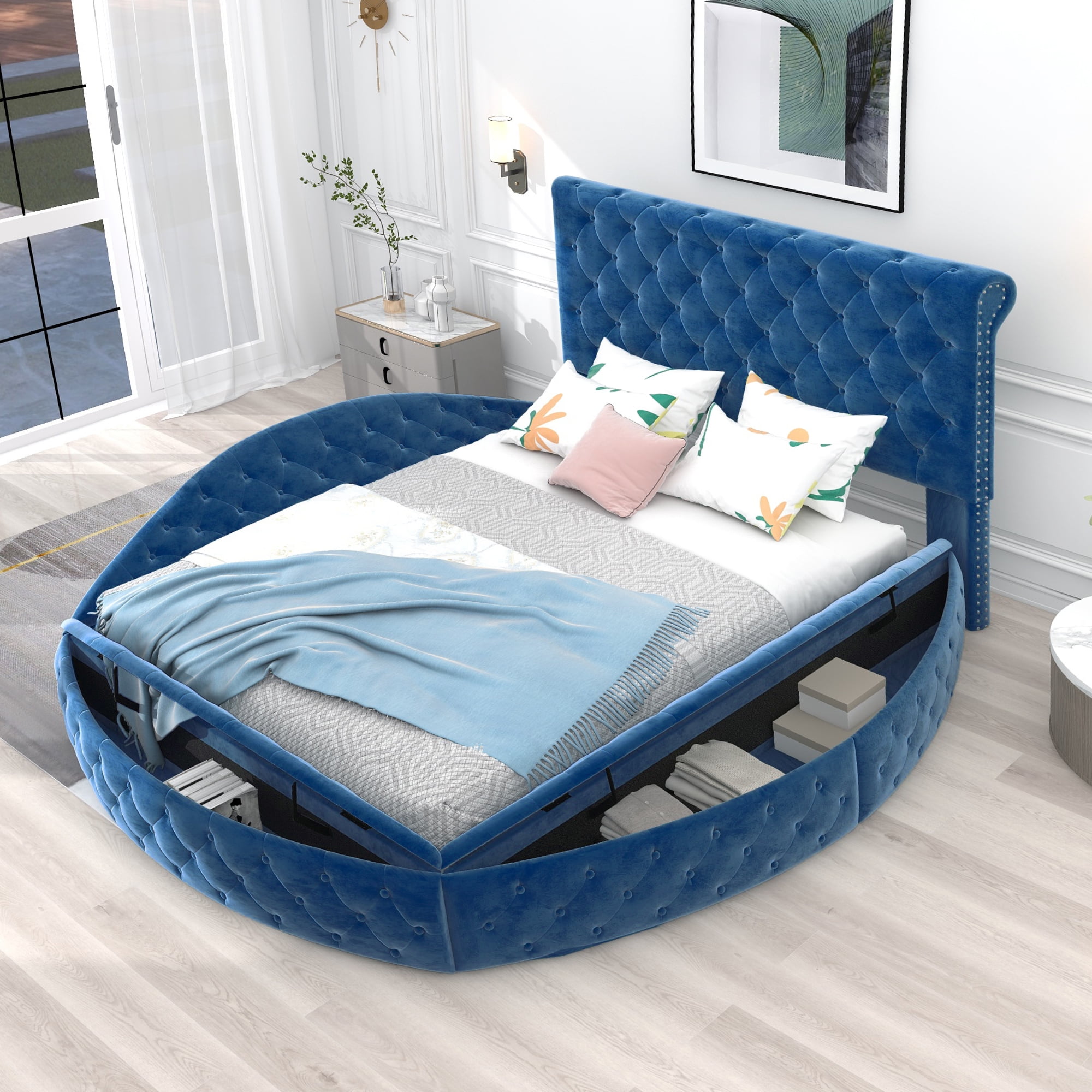 Full Size Round Shape Upholstery Low Profile Storage Platform Bed with Storage Space on Both Sides Blue