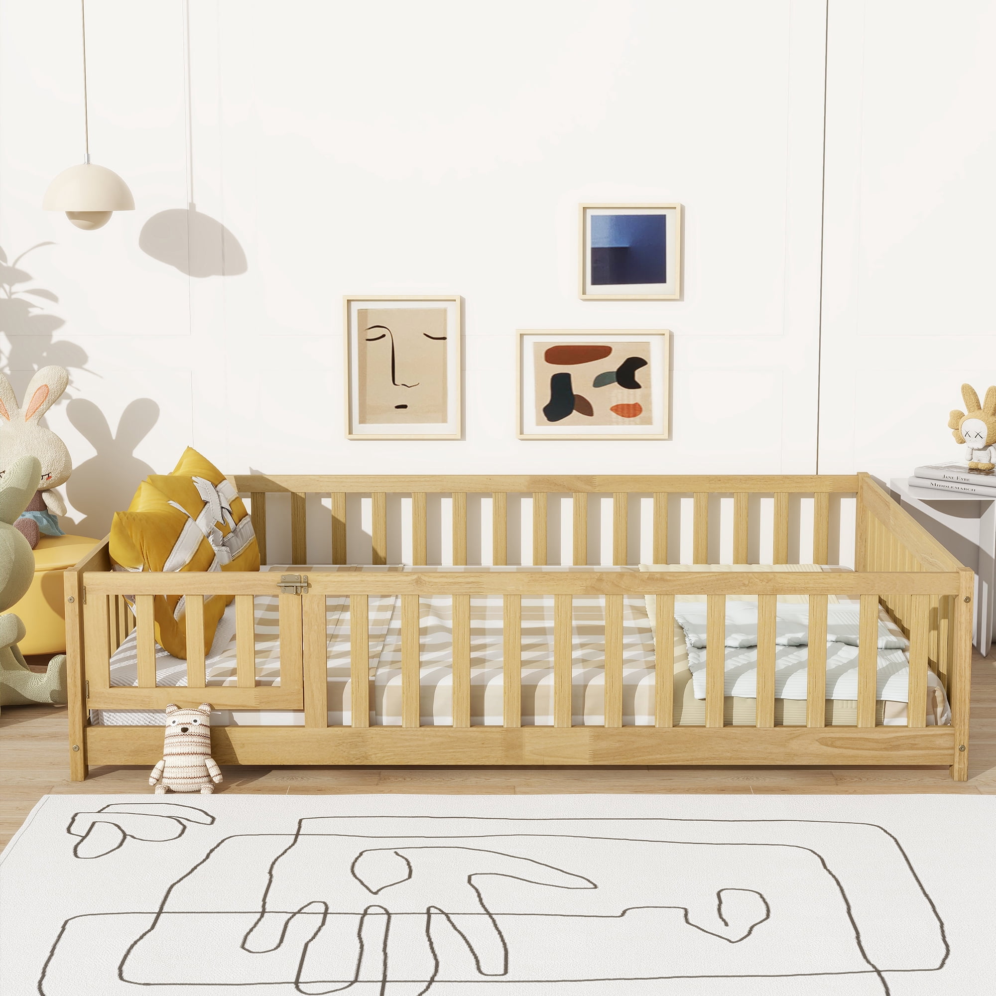 Full Size Rubber Wood Floor Bed with Fence and Door, Natural Safety Guardrails Kids Platform Bed, 400 LBS Capacity No Box Spring Needed for Compact Bedroom