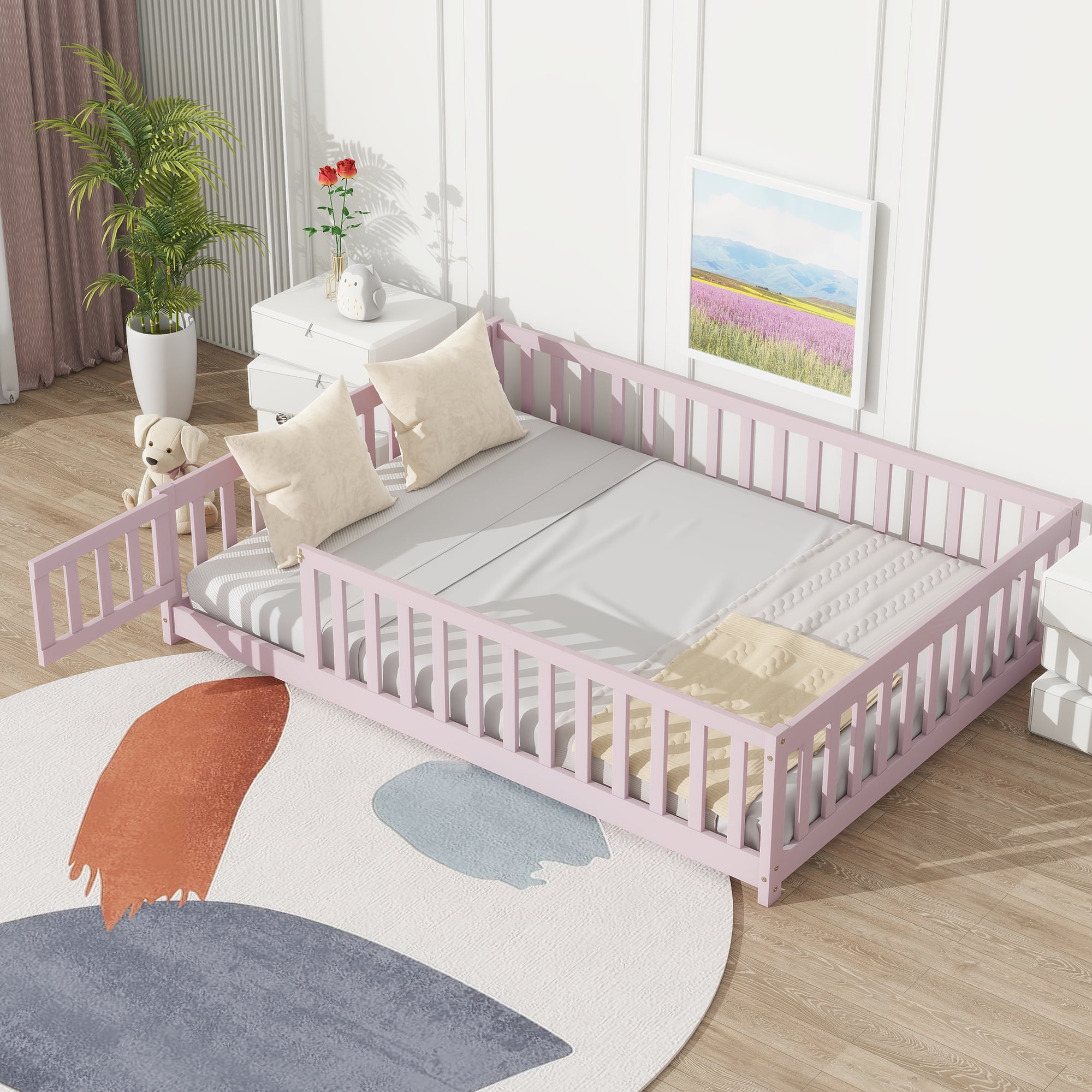 Full Size Rubber Wood Floor Bed with Fence and Door, Pink Safety Guardrails Kids Platform Bed, 7 Slats Support No Box Spring Needed for Compact Bedroom