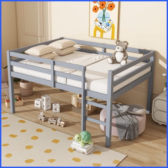 Full Size Rubber Wood Loft Bed – No Box Spring Needed, Grey with Spacious Underbed Storage