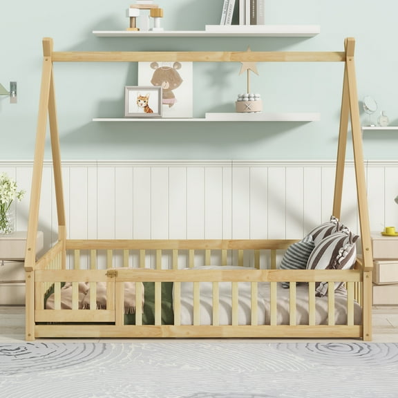 Full Size Rubber Wood Tent-shaped Floor Bed,with Guardrails,Slats and Door,Natural