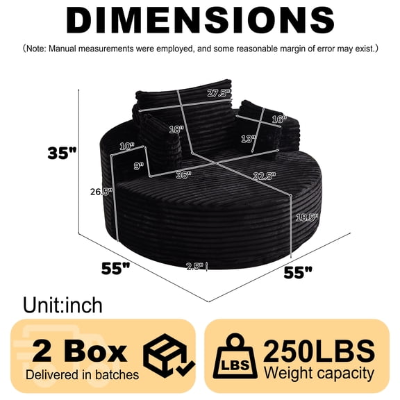 Full Size Rustic Sofas, 55''L Corduroy Foam Single Swivel Chair, Fluffy Modern Sleeper, 360 Degree Swivel Chair for Living Room, Bedroom, Lounge and Projection Room, Black Modern Sofas,Leather Sofas