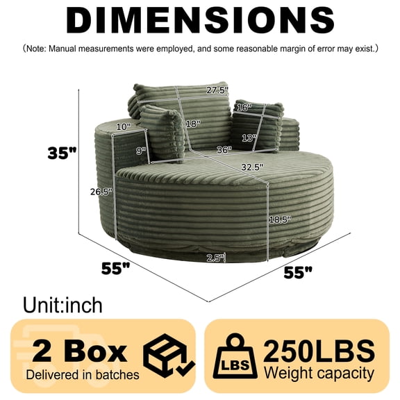 Full Size Rustic Sofas, 55''L Corduroy Foam Single Swivel Chair, Fluffy Modern Sleeper, 360 Degree Swivel Chair for Living Room, Bedroom, Lounge and Projection Room, Green Modern Sofas,Leather Sofas