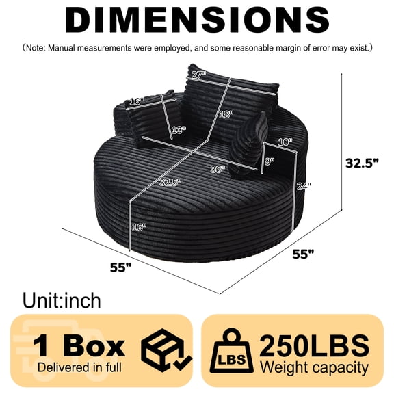 Full Size Rustic Sofas, 55'L Corduroy Sponge single sofa,No Assembly Required,Fluffy Modern Sleeper Chair for Living room, Bedroom, Lounge and Projection Room(Not a swivel chair.), Black Modern Sofas